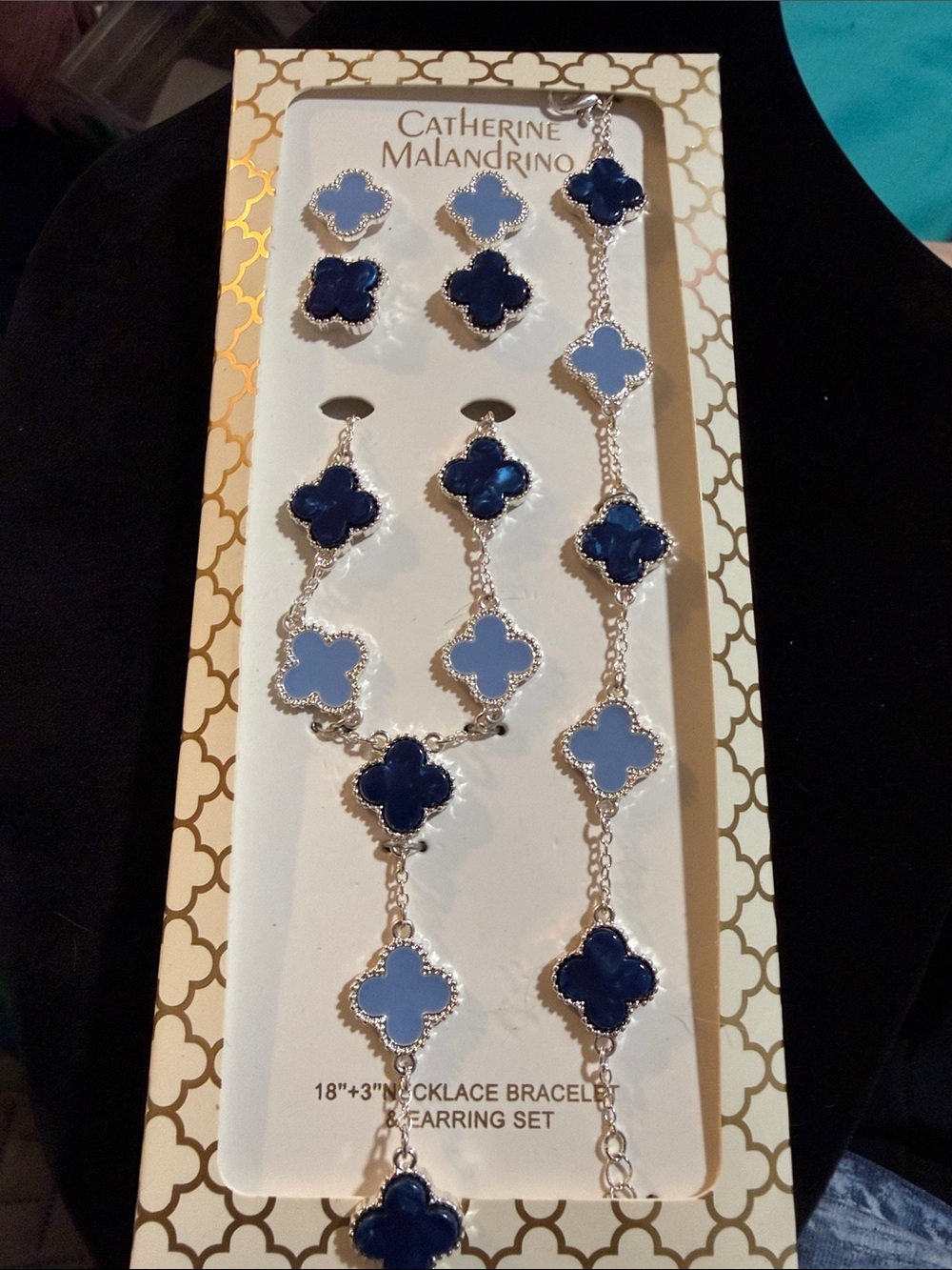 NWT Catherine Malandrino Blue Clover 18”Necklace, Bracelet & 2 Earring Sets